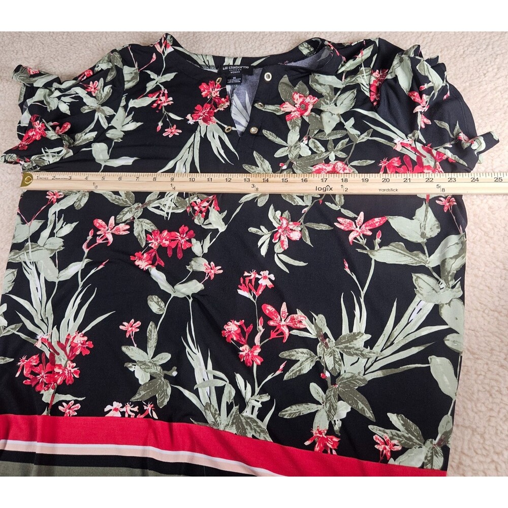 Liz Claiborne Career Woman 1X Floral Top Plus Size Black Red Stretch Blouse - Picture 4 of 6